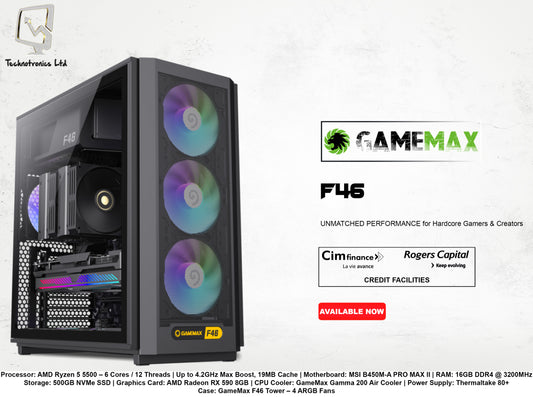 GAMEMAX F46 GAMING TOWER | Processor: AMD Ryzen 5 5500 | RAM: 16GB DDR4 | Storage: 500GB NVMe SSD | Graphics Card: AMD Radeon RX 590 8GB