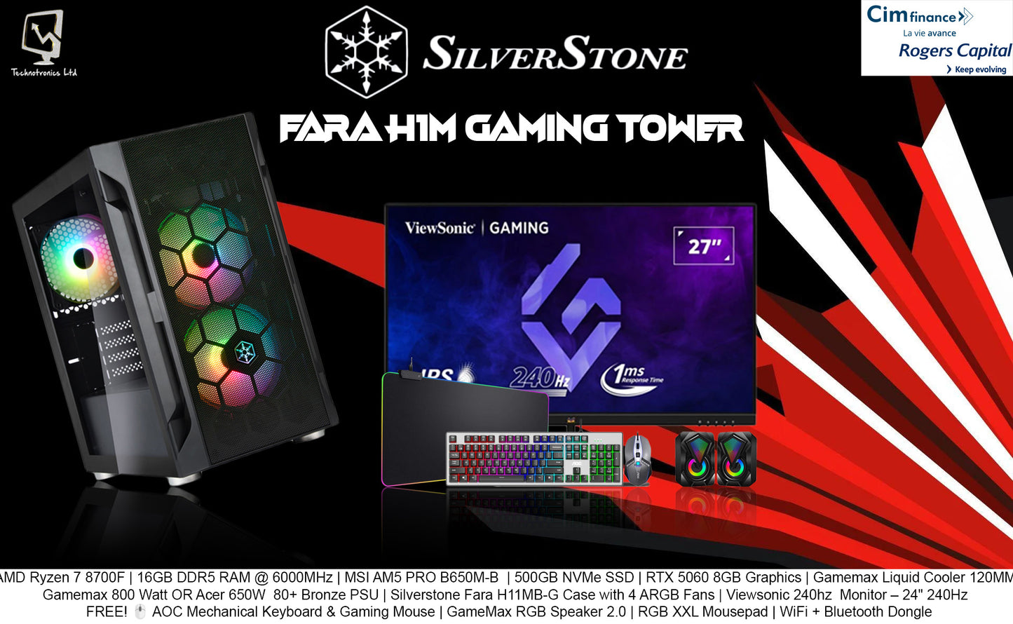 FARA H1M GAMING SET | Processor: AMD Ryzen 7 8700F | RAM: 16GB DDR5 @ 6000MHz | Storage: 500GB NVMe SSD | Graphics Card: RTX 5060