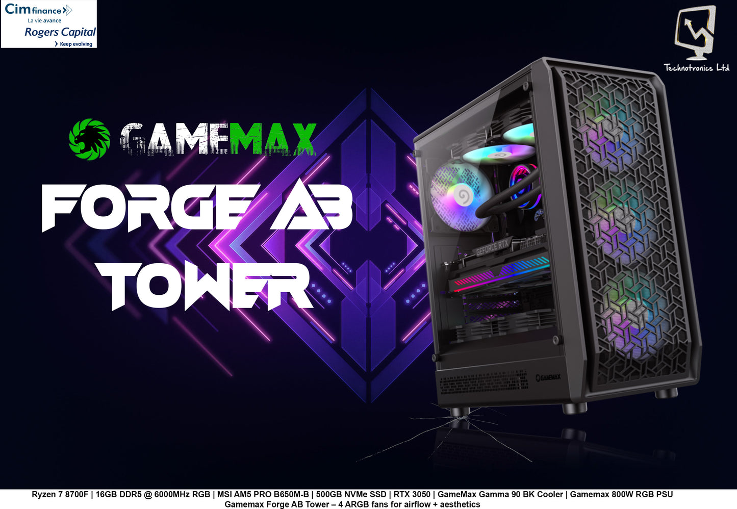 Forge AB Tower | Ryzen 7 8700F | 16GB DDR5 @ 6000MHz RGB | MSI AM5 PRO B650M-B | 500GB NVMe SSD | RTX 3050