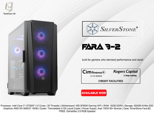 SILVERSTONE FARA-B2 TOWER | Processor: Intel Core i7-12700KF | Storage: 500GB NVMe SSD | RAM: 16GB DDR5 | Graphics: AMD RX 9060XT 16GB