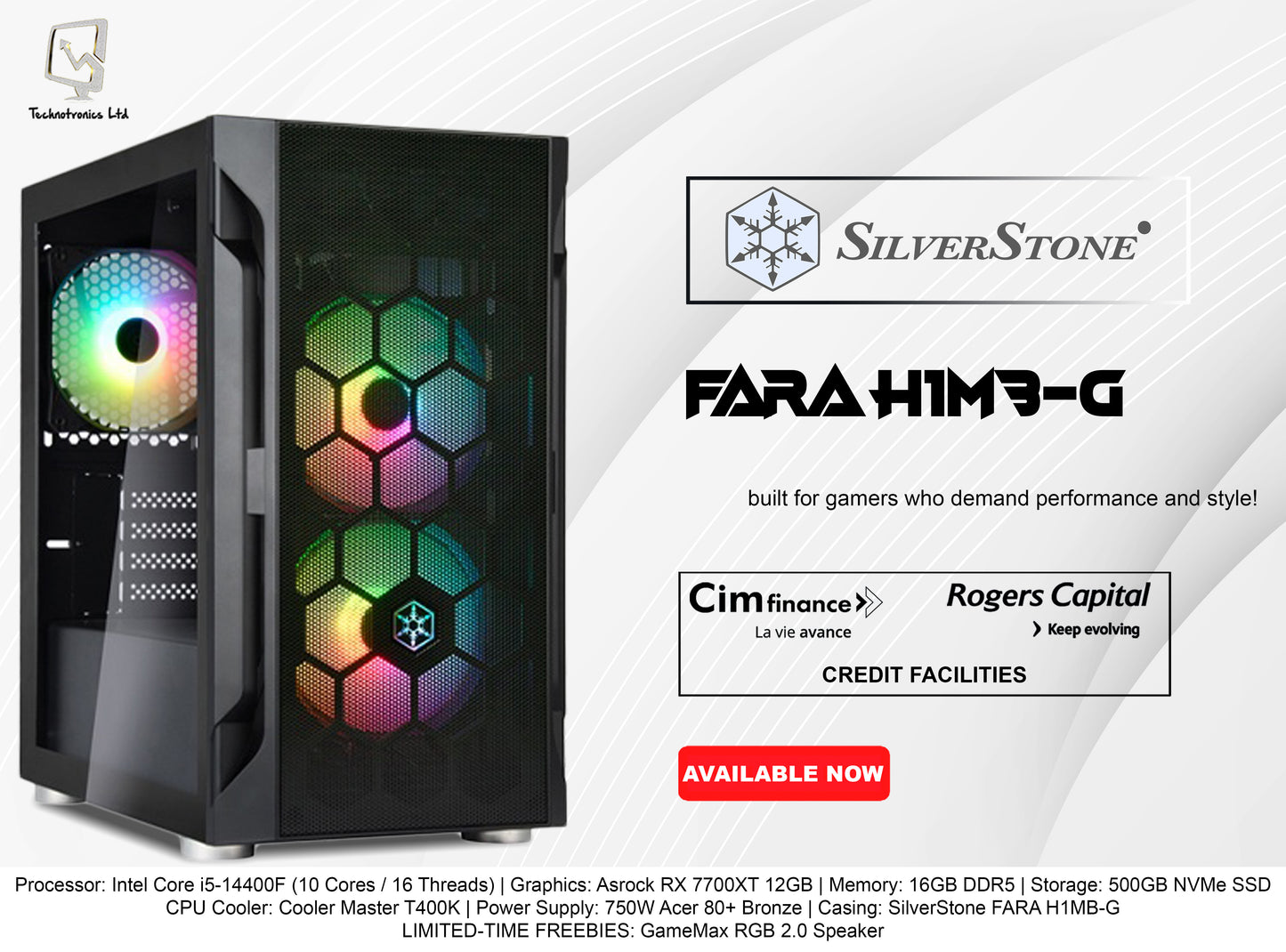 SilverStone FARA H1MB-G Gaming Tower | Intel Core i5-14400F | Graphics: Asrock RX 7700XT 12GB | Memory: 16GB DDR5 | Storage: 500GB NVMe SSD