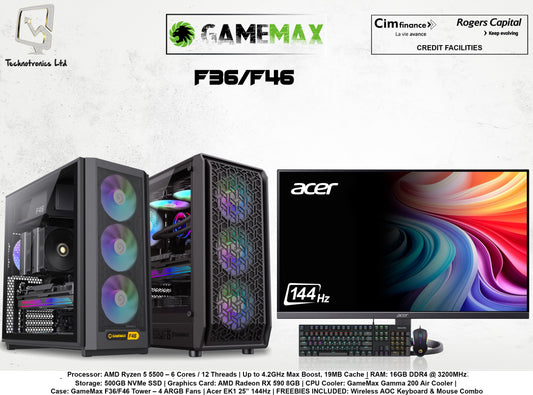 GAMEMAX F46 / FORGE GAMING SET | Processor: AMD Ryzen 5 5500 | RAM: 16GB DDR4 | Storage: 500GB NVMe SSD | Graphics Card: AMD Radeon RX 590 8GB