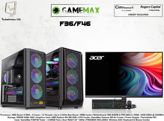 GAMEMAX F46 / FORGE GAMING SET | Processor: AMD Ryzen 5 5500 | RAM: 16GB DDR4 | Storage: 500GB NVMe SSD | Graphics Card: AMD Radeon RX 590 8GB
