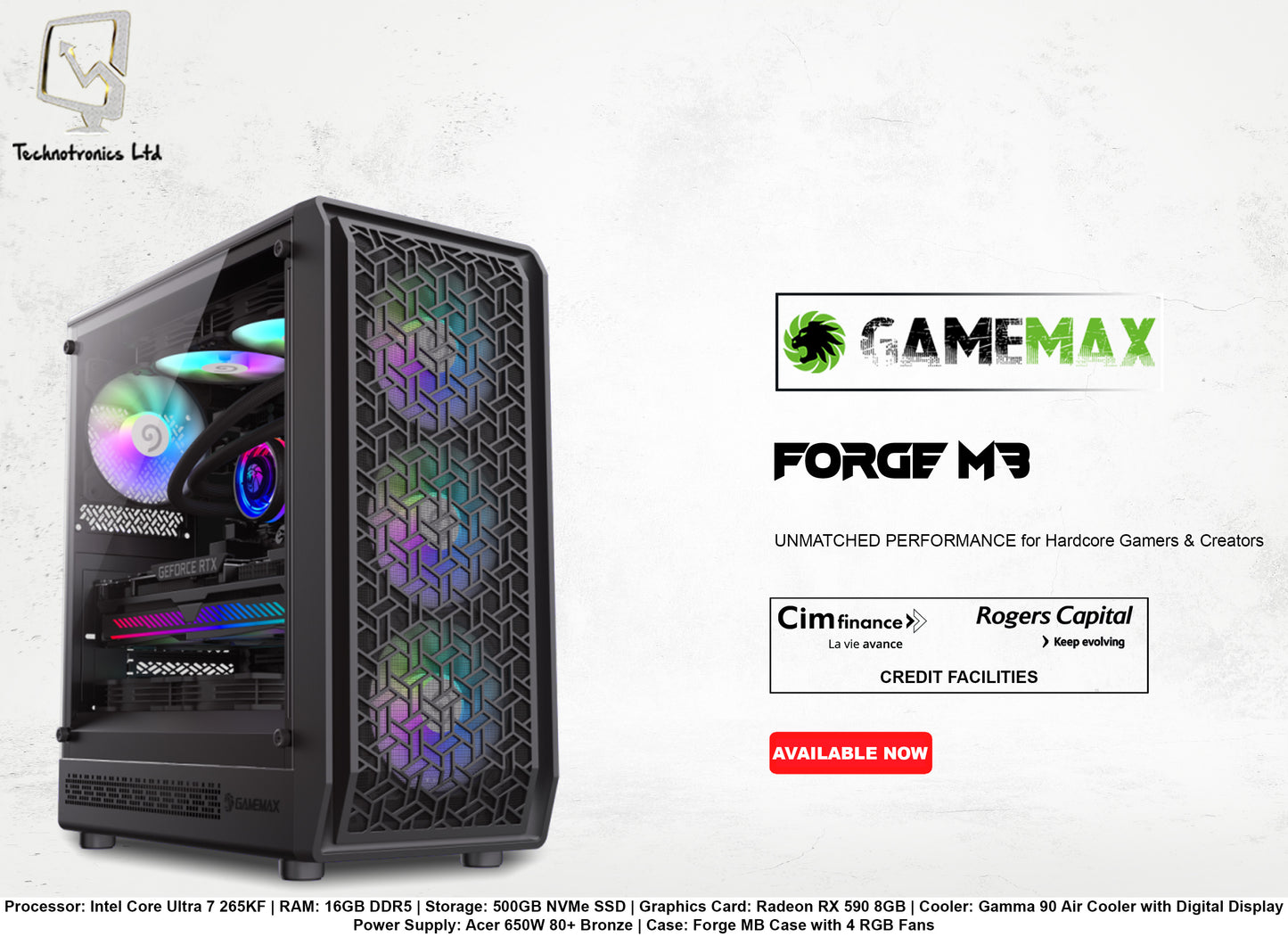 Forge MB Tower | Intel Core Ultra 7 265KF | RAM: 16GB DDR5 | Storage: 500GB NVMe SSD | Graphics Card: Radeon RX 590 8GB