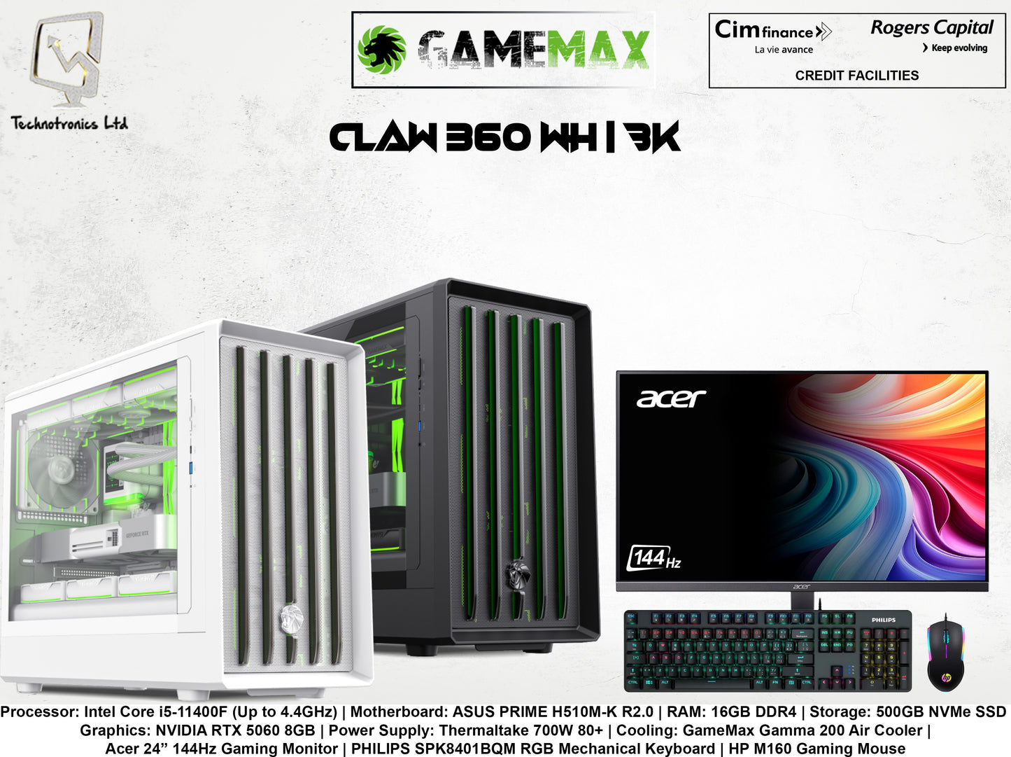 GameMax CLAW 360 Black, White Set | Processor: Intel Core i5-11400F | RAM: 16GB DDR4 | Storage: 500GB NVMe SSD | Graphics: NVIDIA RTX 5060 8GB