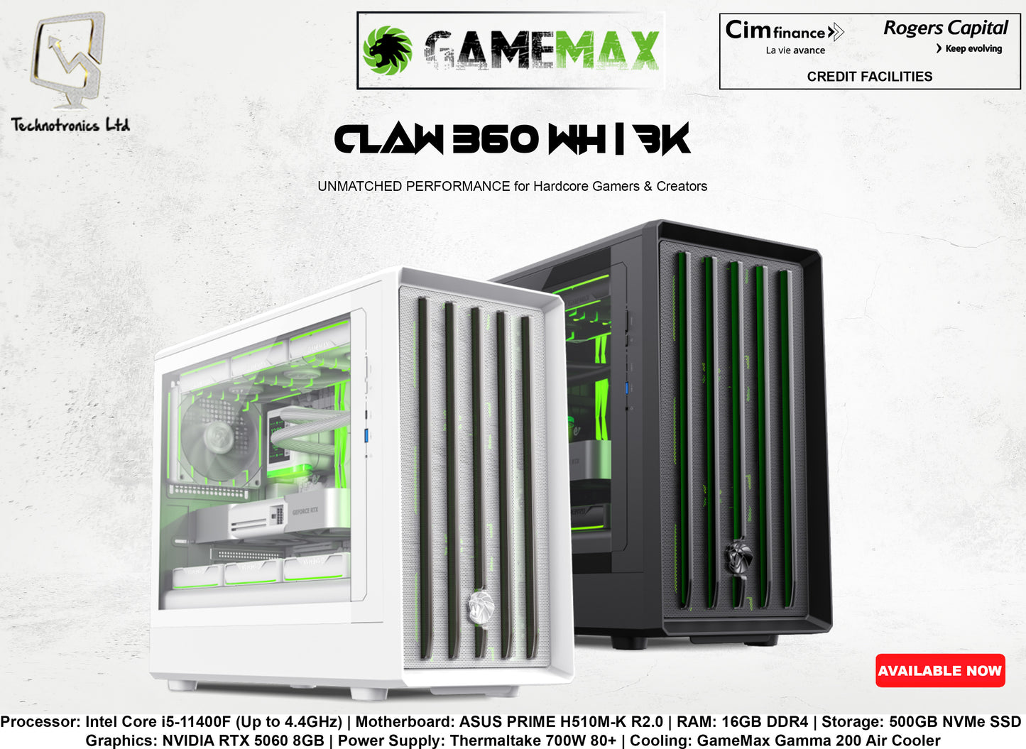 GameMax CLAW 360 Black, White | Processor: Intel Core i5-11400F | RAM: 16GB DDR4 | Storage: 500GB NVMe SSD | Graphics: NVIDIA RTX 5060 8GB