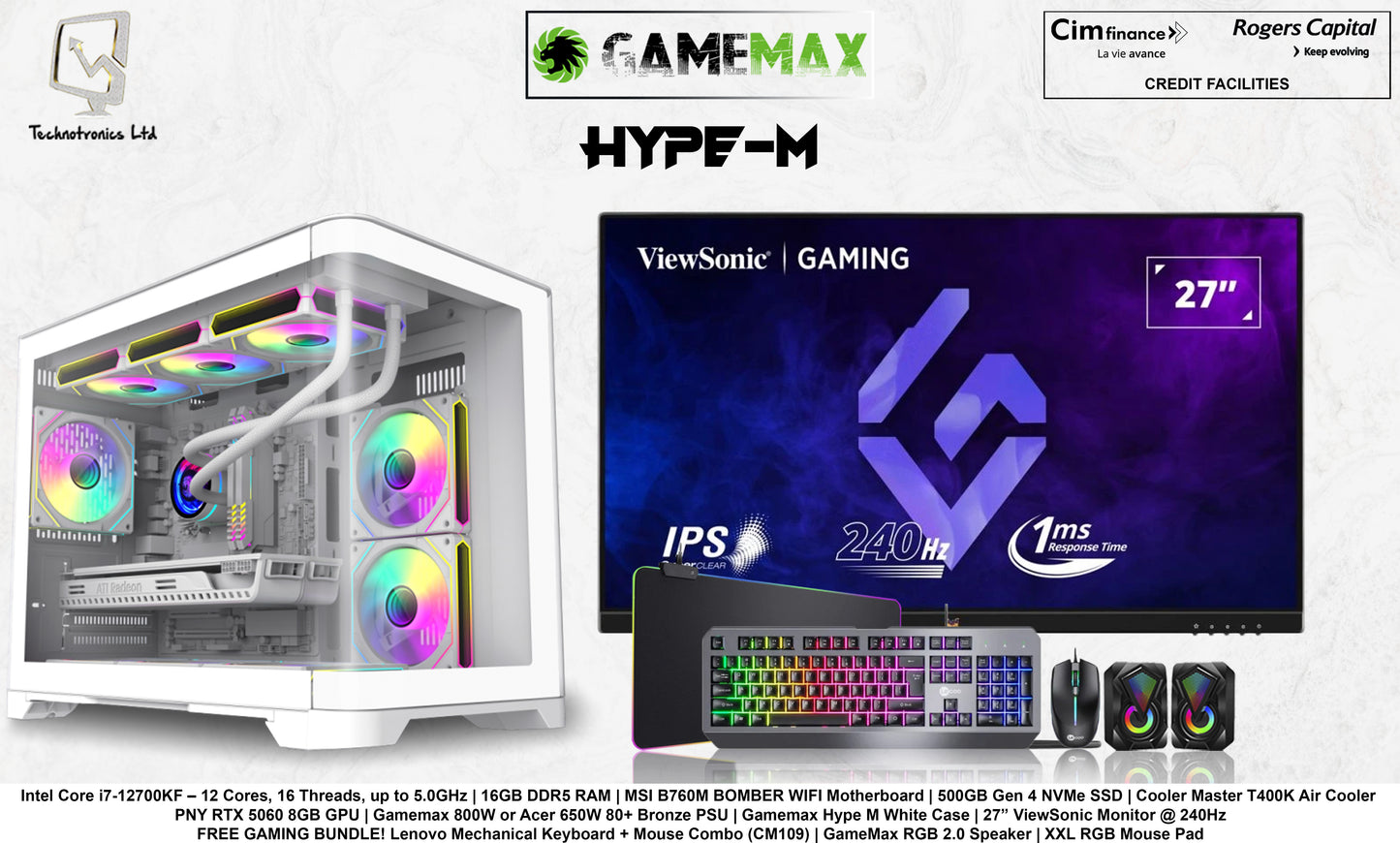 Gamemax Hype M White Set | Processor: Intel Core i7-12700KF | RAM: 16GB DDR5 | Storage: 500GB NVMe Gen 4 SSD | Graphics: PNY RTX 5060 8GB
