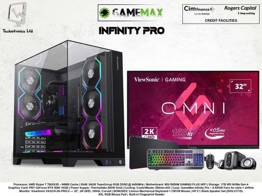 GameMax Infinity Pro | Processor: AMD Ryzen 7 7800X3D | RAM: 64GB TeamGroup RGB DDR5 | Storage: 1TB WD NVMe Gen 4 | Graphics Card: PNY RTX 5080 16GB