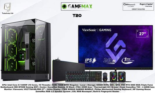 GameMax T20 Set | CPU: Intel Core i5 14400F | RAM: 16GB DDR5 | Storage: 500GB NVMe SSD | GPU: PNY RTX 5060 8GB (Triple Fans)