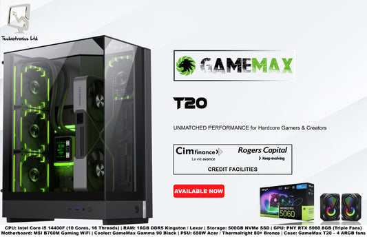 GameMax T20 Case | CPU: Intel Core i5 14400F | RAM: 16GB DDR5 | Storage: 500GB NVMe SSD | GPU: PNY RTX 5060 8GB (Triple Fans)