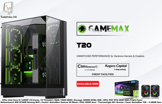 GameMax T20 Case | CPU: Intel Core i5 14400F | RAM: 16GB DDR5 | Storage: 500GB NVMe SSD | GPU: PNY RTX 5060 8GB (Triple Fans)