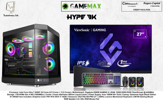 HYPE BLACK EDITION SET | Processor: Intel Core Ultra 7 265KF | RAM: 32GB DDR5 RGB | Storage: 1TB NVMe Gen 4 WD | Graphics Card: PNY RTX 5070 Ti 16GB