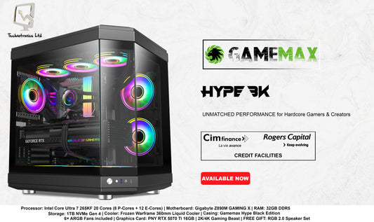 HYPE BLACK EDITION TOWER | Processor: Intel Core Ultra 7 265KF | RAM: 32GB DDR5 | Storage: 1TB NVMe Gen 4 | Graphics Card: PNY RTX 5070 Ti 16GB