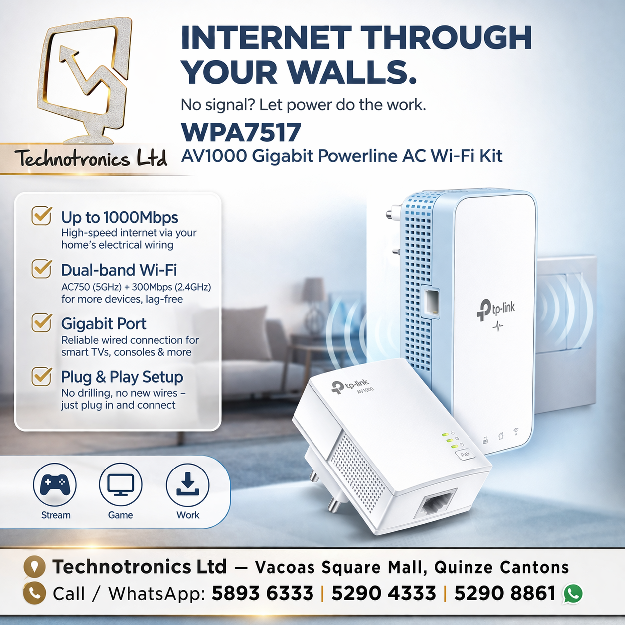 TP-Link WPA7517 AV1000 Gigabit Powerline AC Wi-Fi Wireless Range Extender Kit