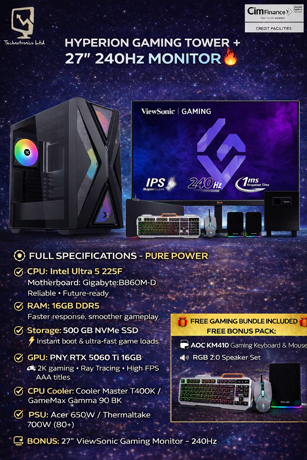 HYPERION GAMING SET -Intel Ultra 5 225F + RTX 5060 Ti - 27โ 240Hz MONITOR