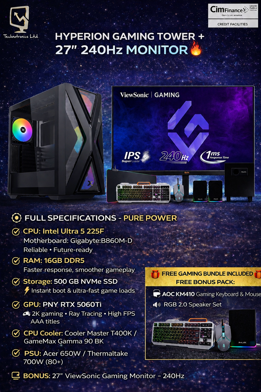 HYPERION GAMING SET -Intel Ultra 5 225F + RTX 5060 Ti - 27โ 240Hz MONITOR