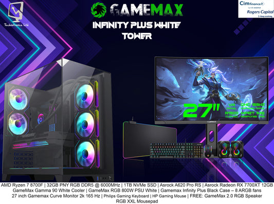 GameMax Infinity Plus Black Gaming Set | AMD Ryzen 7 8700F | 32GB PNY RGB DDR5 @ 6000MHz | 1TB NVMe SSD | Asrock Radeon RX 7700XT 12GB