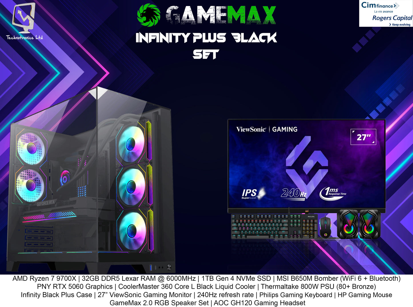 Infinity Black Plus Gaming Set | AMD Ryzen 7 9700X | 32GB DDR5 RAM @ 6000MHz | 1TB Gen 4 NVMe SSD | PNY RTX 5060