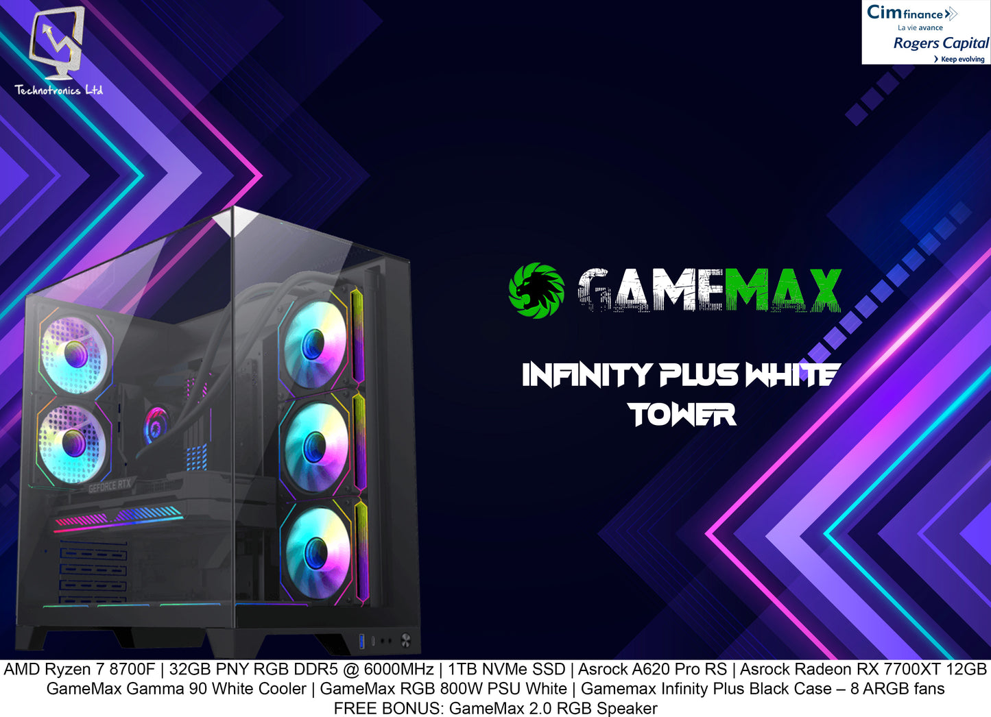 GameMax Infinity Plus Black Gaming Tower | AMD Ryzen 7 8700F | 32GB PNY RGB DDR5 @ 6000MHz | 1TB NVMe SSD | Asrock Radeon RX 7700XT 12GB