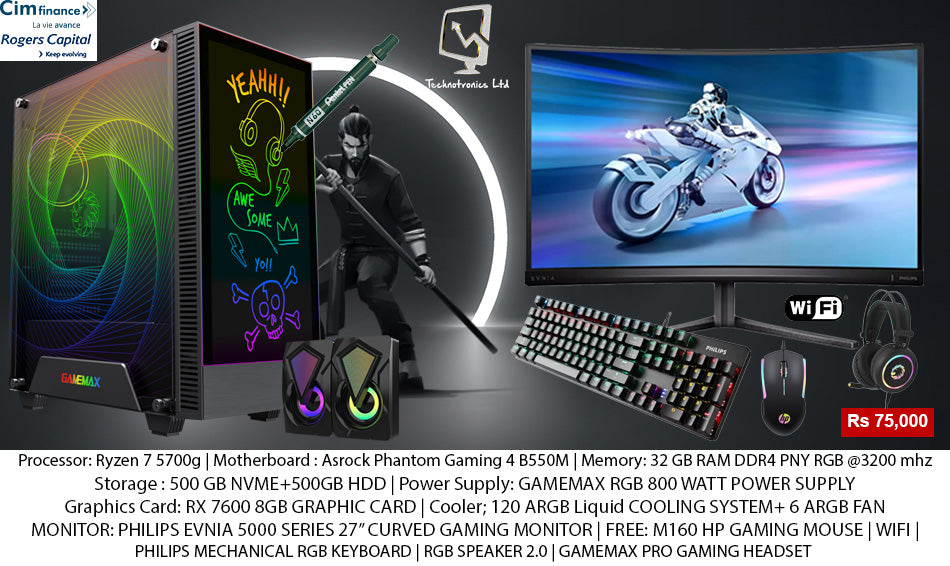 COMPLETE SET KREATOR GAMEMAX CASING, Ryzen 7 5700X,32 GB Ram PNY RGB DDR4 @ 3200 Mhz,500 GB NVME + 500 GB HDD, Asrock Rx7600 8 GB Overclock Edition Graphics Card