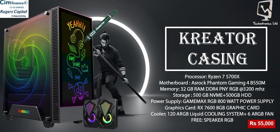 KREATOR GAMEMAX CASING, Ryzen 7 5700X,32 GB Ram PNY RGB DDR4 @ 3200 Mhz,500 GB NVME + 500 GB HDD, Asrock Rx7600 8GB Overclock Edition