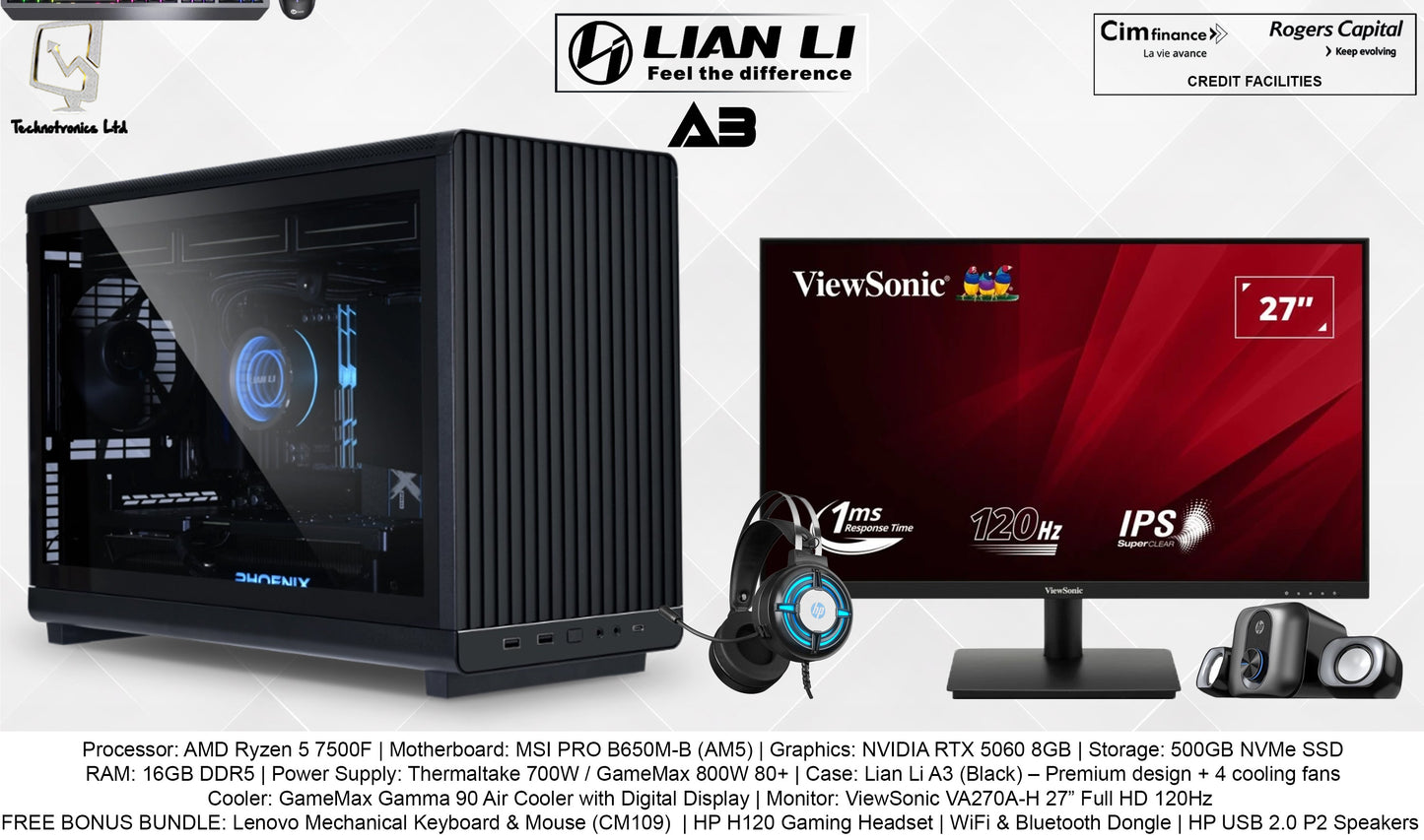 LIAN LI A3 GAMING SET | AMD Ryzen 5 7500F | RAM: 16GB DDR5 | Graphics: NVIDIA RTX 5060 8GB | Storage: 500GB NVMe SSD