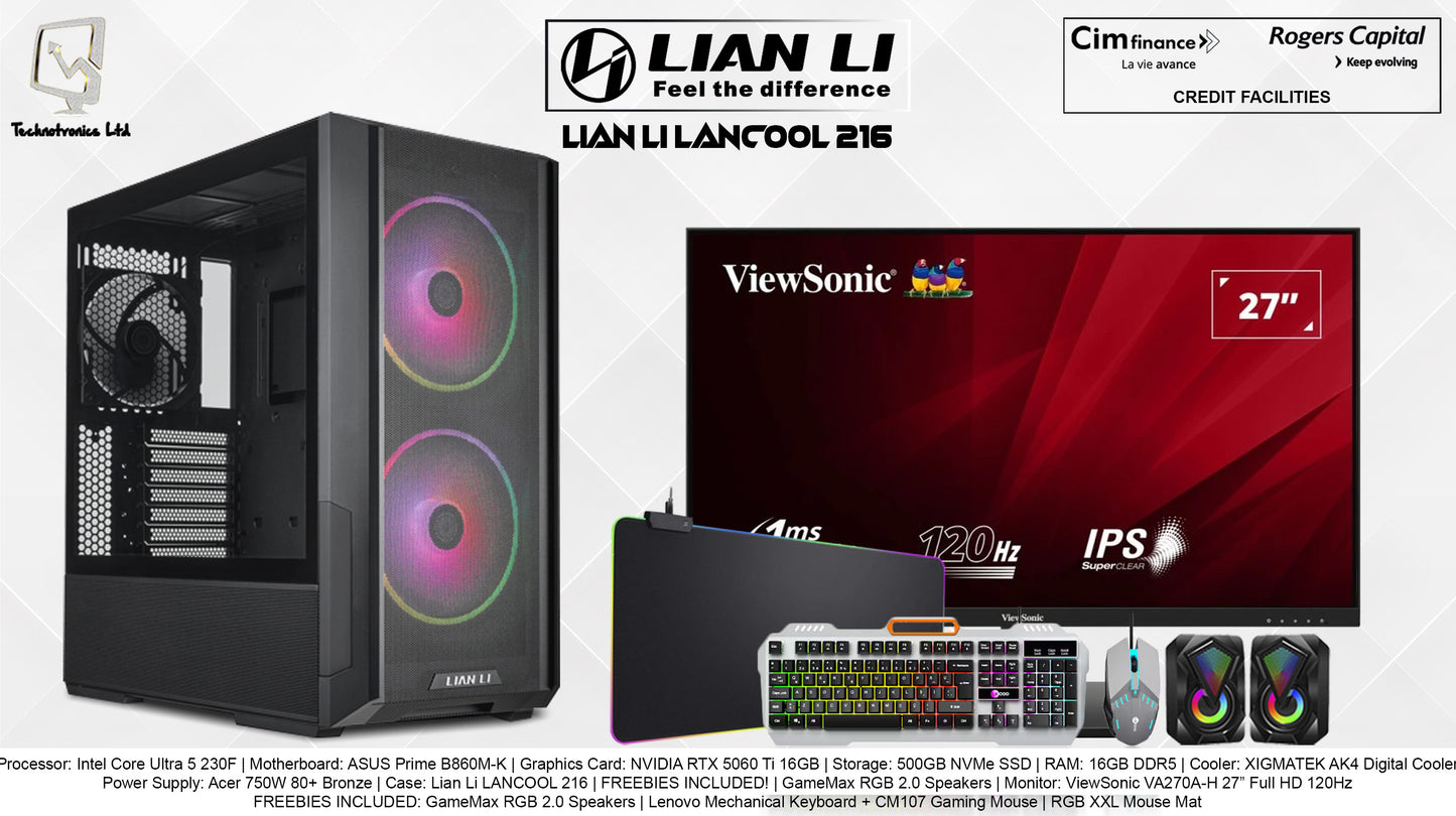 LIAN LI LANCOOL 216 GAMING Set | Processor: Intel Core Ultra 5 230F | Storage: 500GB NVMe SSD | RAM: 16GB DDR5 | Graphics Card: NVIDIA RTX 5060 Ti 16GB DDR5 |