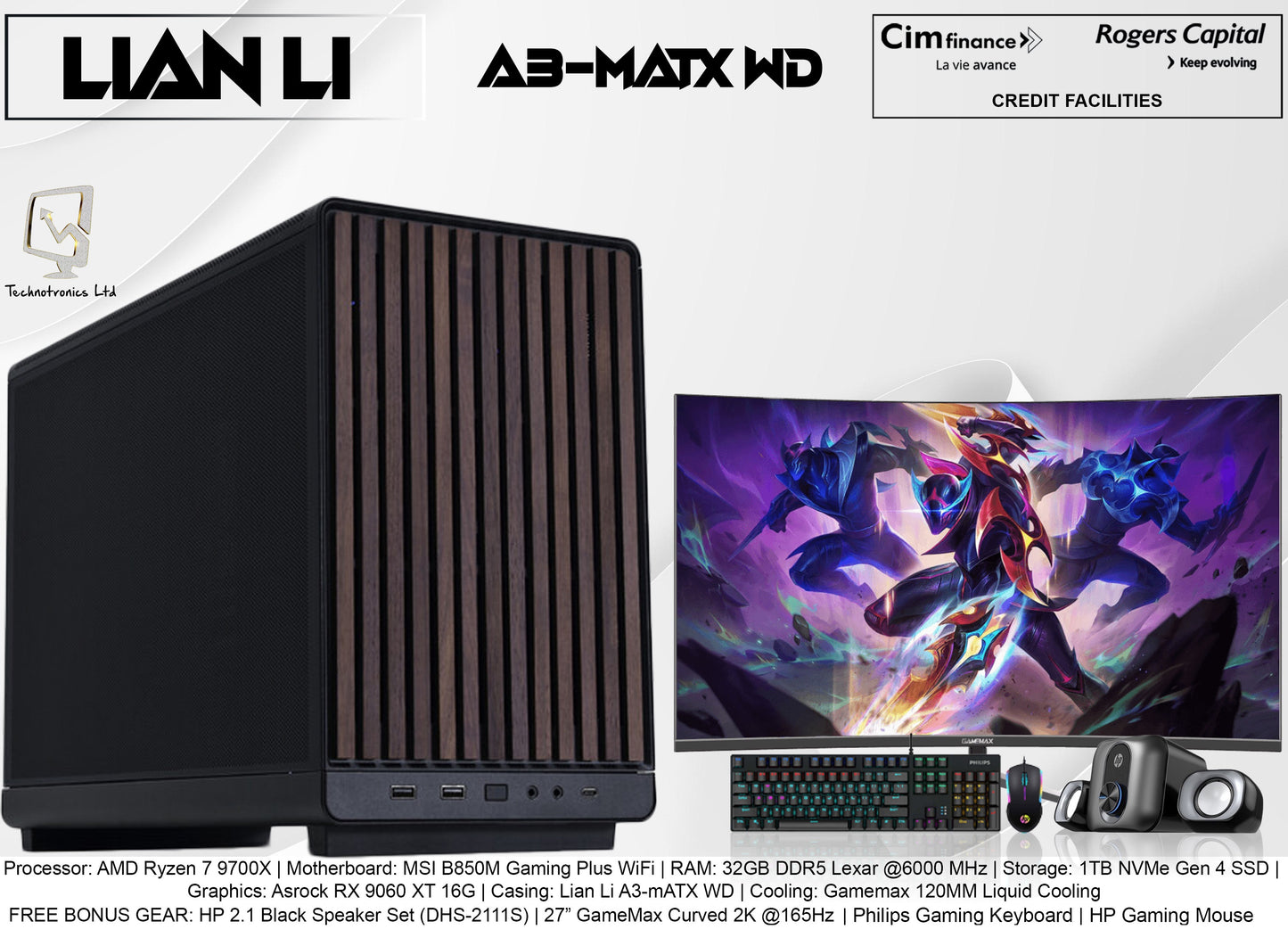 Lian Li A3-mATX WD Tower | AMD Ryzen 7 9700X | RAM: 32GB DDR5 | 1TB NVMe Gen 4 SSD | Graphics: Asrock RX 9060 XT 16GB