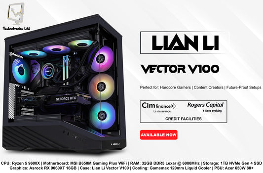 Lian Li Vector V100 Tower | CPU: Ryzen 5 9600X | RAM: 32GB DDR5 | Storage: 1TB NVMe Gen 4 SSD | Graphics: Asrock RX 9060XT 16GB