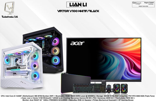 Lian Li Vector V100 White/Black Edition Gaming Set | CPU: Intel Core i5 14400F | RAM: 16GB DDR5 | Storage: 500GB NVMe SSD | Graphics: PNY RTX 5060 8GB (Triple Fans)