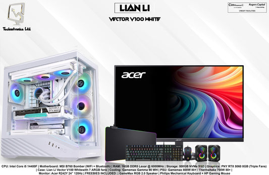 Lian Li Vector V100 White Edition Gaming Set | CPU: Intel Core i5 14400F | RAM: 16GB DDR5 | Storage: 500GB NVMe SSD | Graphics: PNY RTX 5060 8GB (Triple Fans)