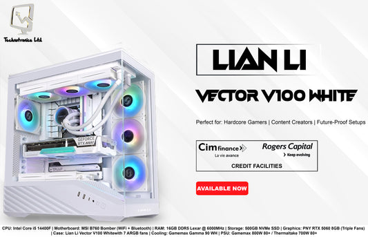 Lian Li Vector V100 White Edition Gaming Tower | CPU: Intel Core i5 14400F | RAM: 16GB DDR5 | Storage: 500GB NVMe SSD | Graphics: PNY RTX 5060 8GB (Triple Fans)