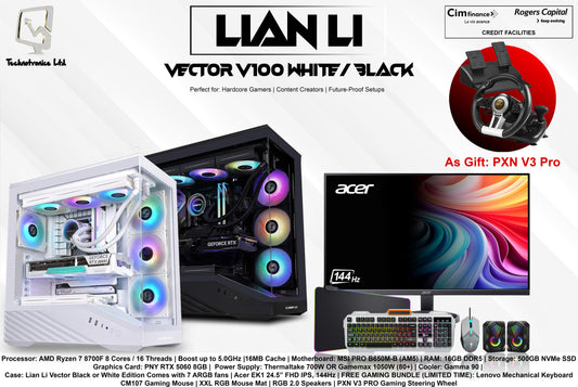 Lian Li Vector (Black / White) Gaming Set | Processor: AMD Ryzen 7 8700F | RAM: 16GB DDR5 | Storage: 500GB NVMe SSD | Graphics Card: PNY RTX 5060 8GB
