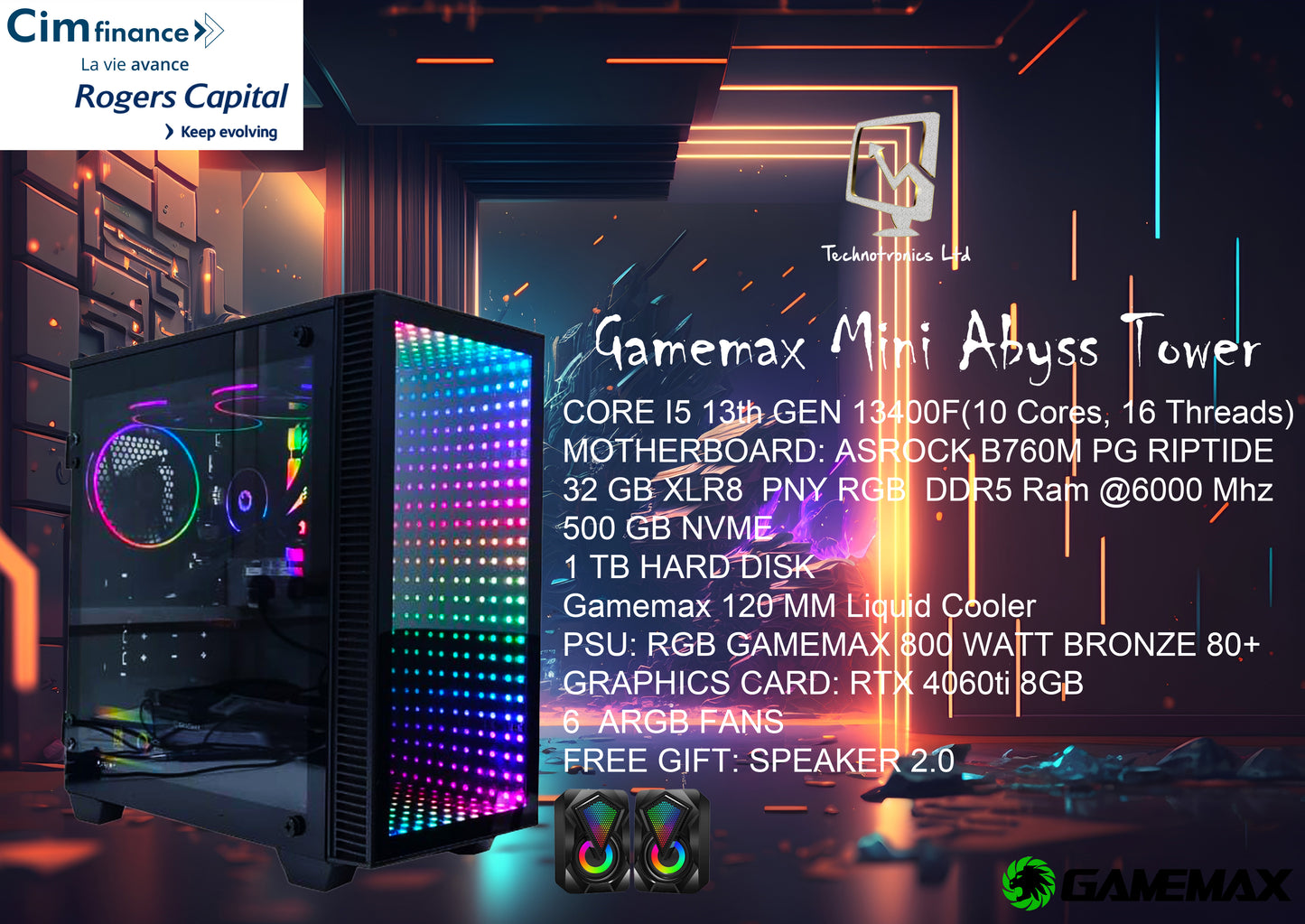 Gamemax Mini Abyss Tower, Core I5 13th Gen, 500 GB NVMe, 32 GB Ram DDR5, RTX 4060ti 8GB