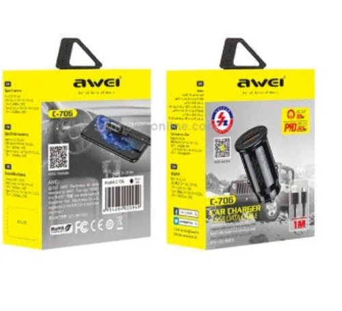 Awei 20W Car Charger +Usb Type C Data Cable Fast Charging