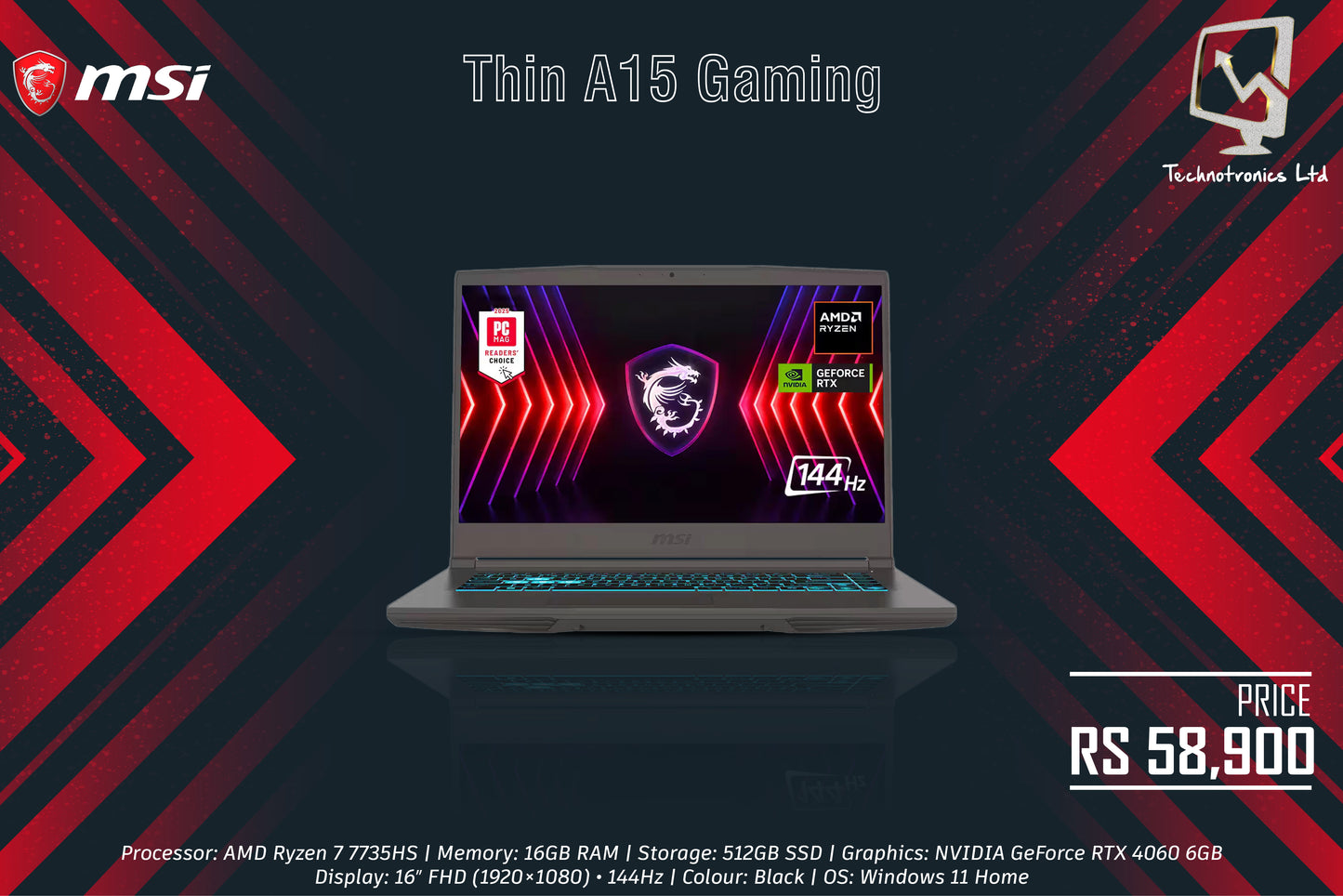 Laptop MSI Thin A15 Gaming | Processor: AMD Ryzen 7 7735HS | Memory: 16GB RAM | Storage: 512GB SSD | Graphics: NVIDIA GeForce RTX 4060 6GB