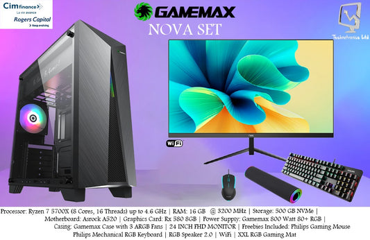 Gamemax Nova CASE COMPLETE SET, Processor: Ryzen 7 5700X (8 Cores, 16 Threads), RAM: 16 GB DDR4 @ 3200 MHz, Storage: 500 GB NVMe, Graphics Card: Rx 580 8GB
