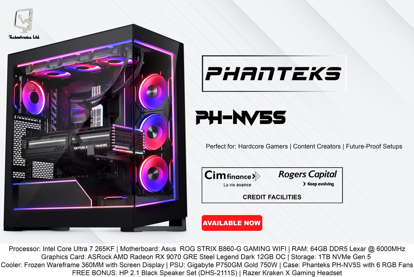 Phanteks PH-NV5S | Processor: Intel Core Ultra 7 265KF | RAM: 64GB DDR5 | Storage: 1TB NVMe Gen 5 | Graphics Card: ASRock AMD Radeon RX 9070 GRE Steel Legend Dark 12GB OC