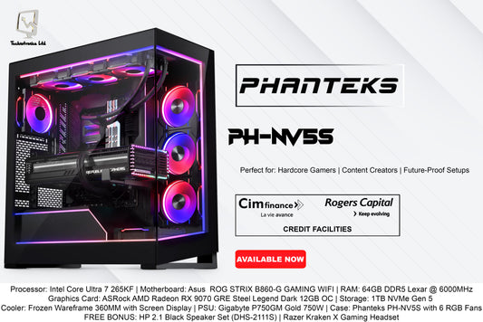 Phanteks PH-NV5S | Processor: Intel Core Ultra 7 265KF | RAM: 64GB DDR5 | Storage: 1TB NVMe Gen 5 | Graphics Card: ASRock AMD Radeon RX 9070 GRE Steel Legend Dark 12GB OC