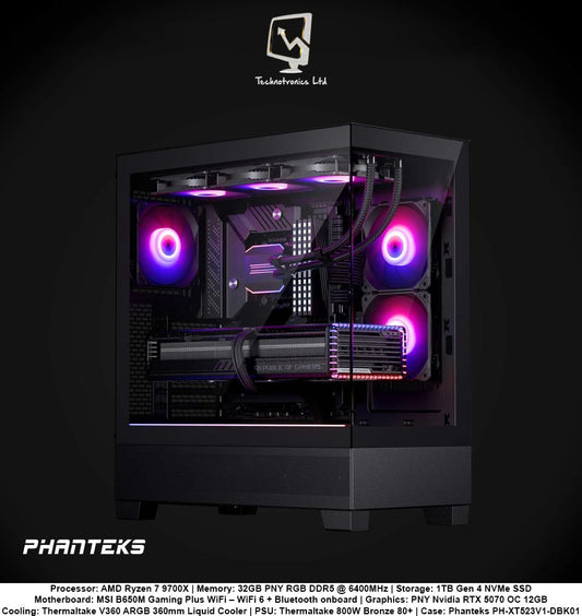Phanteks PH-XT523V1-DBK01 Tower | Processor: AMD Ryzen 7 9700X | Memory: 32GB PNY RGB DDR5 @ 6400MHz | Storage: 1TB Gen 4 NVMe SSD | Graphics: PNY Nvidia RTX 5070 12GB