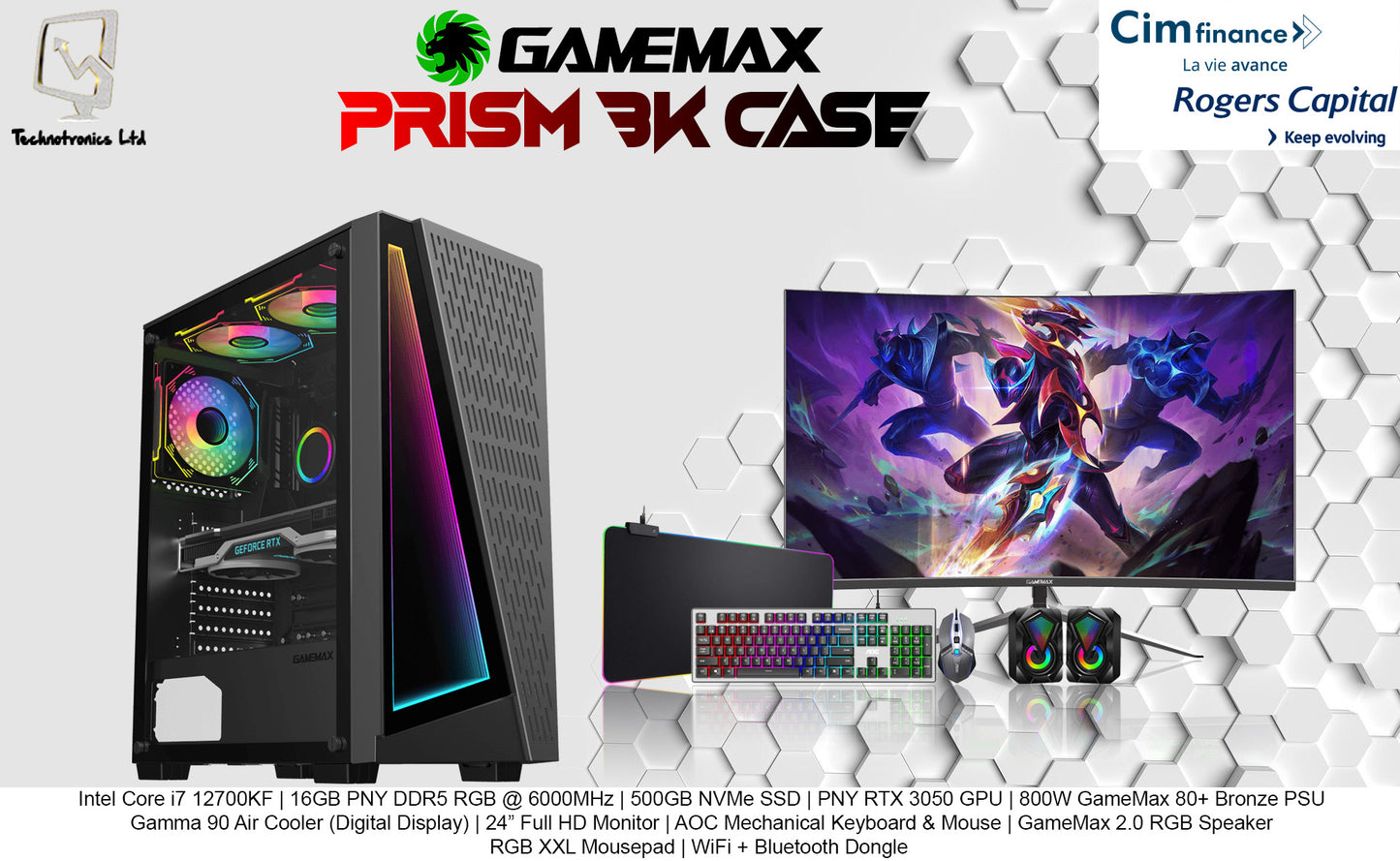 GAMEMAX PRISM SET | Intel Core i7 12700KF | 16GB PNY DDR5 RGB @ 6000MHz | 500GB NVMe SSD | PNY RTX 3050