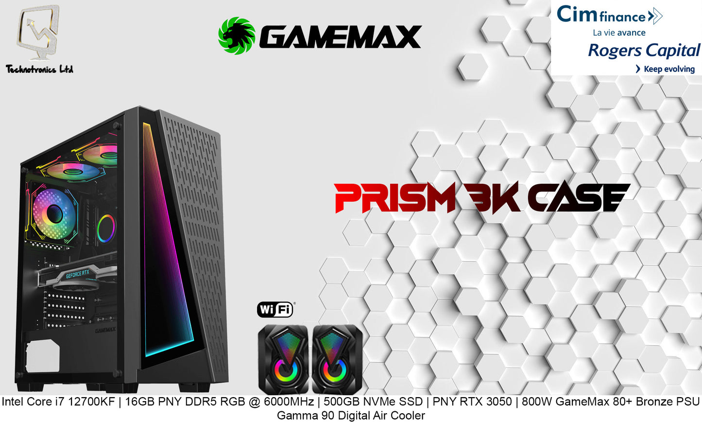 GAMEMAX PRISM TOWER | Intel Core i7 12700KF | 16GB PNY DDR5 RGB @ 6000MHz | 500GB NVMe SSD | PNY RTX 3050