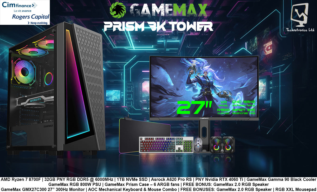 GameMax Prism Gaming Set | AMD Ryzen 7 8700F | 32GB PNY RGB DDR5 @ 6000MHz | 1TB NVMe SSD | PNY Nvidia RTX 4060 Ti