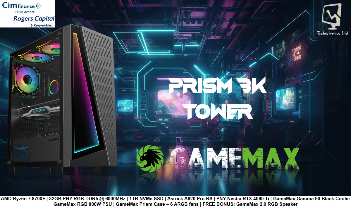 GameMax Prism Gaming Tower | AMD Ryzen 7 8700F | 32GB PNY RGB DDR5 @ 6000MHz | 1TB NVMe SSD | PNY Nvidia RTX 4060 Ti