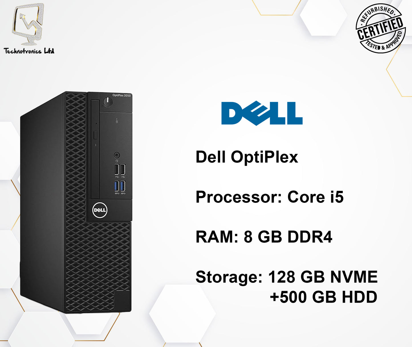 Renewed Dell Optiplex 5050 | Intel Core i5 | 8GB DDR4 RAM | 128GB NVMe + 500GB HDD