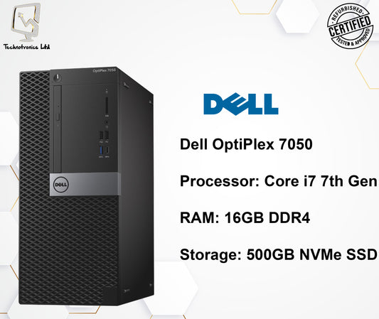 Renewed Dell OptiPlex 7050 | Intel Core i7 – 7th Gen | 16GB DDR4 RAM | 500GB NVMe SSD