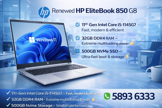 Renewed HP EliteBook 850 G8, Core i5 11th gen , 32 GB Ram, 500 GB Nvme
