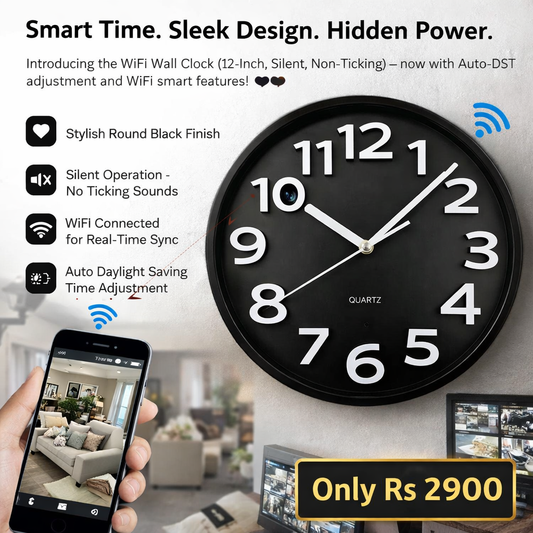 Spy Camera WiFi Wall Clock (12-Inch, Silent, Non-Ticking)