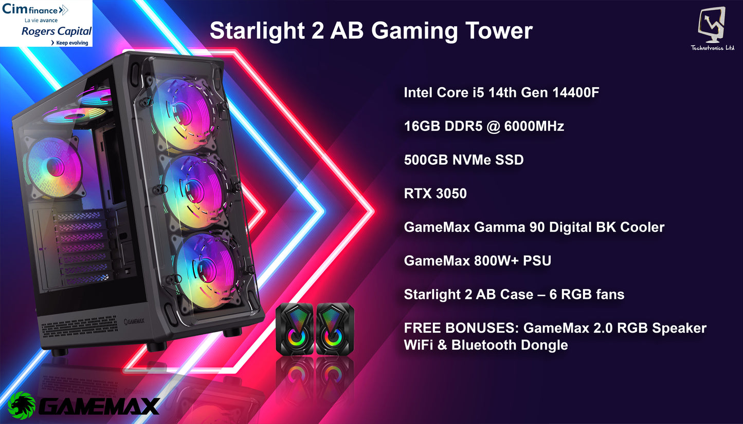 Starlight 2 AB Gaming Tower | Intel Core i5 14th Gen 14400F | 16GB DDR5 @ 6000MHz RGB | 500GB NVMe SSD | RTX 3050