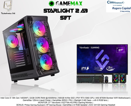 Starlight 2 AB Set | Intel Core i5 14th Gen 14600KF | 32GB DDR5 RAM @ 6000MHz | 500GB NVMe SSD | PNY RTX 5060 GPU